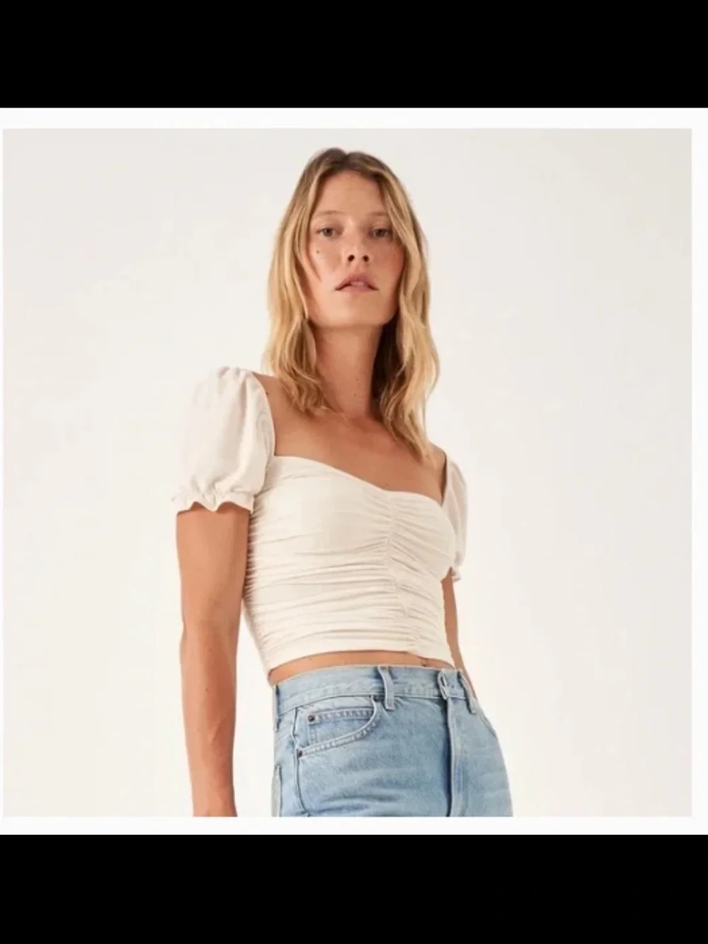 Reformation Fallow Womens Cream Ruched Puff Sleeve Square Neck Crop Top XS